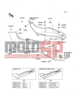 KAWASAKI - NINJA® 500R 1999 - Body Parts - Side Covers/Chain Cover - 36031-5298-B1 - COVER-SIDE,LH,F.RED