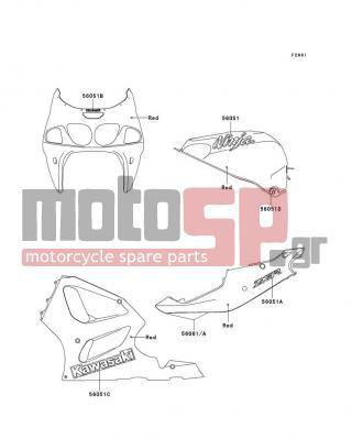 KAWASAKI - NINJA® ZX™-7R 1996 - Body Parts - Decals(Red)(ZX750-P1) - 56061-1665 - PATTERN,SIDE COVER,LH