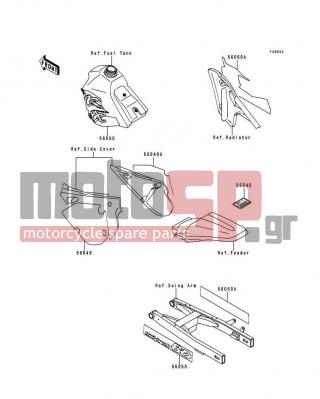 KAWASAKI - KX80 1993 - Body Parts - Label(KX80-R3/T3) - 56050-1853 - MARK,SWING ARM,LH,UNI-TRAK 80
