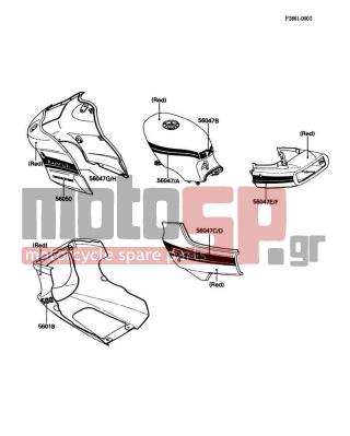 KAWASAKI - EX500 1988 - Body Parts - Decals(Red)(EX500-A2) - 56047-1738 - PATTERN,SEAT COVER,LH