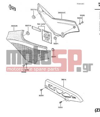 KAWASAKI - NINJA® 600 1986 - Body Parts - SIDE COVERS/CHAIN COVER (ZX600-A1) - 36002-5078-P9 - COVER-SIDE,LH,F.RED/P