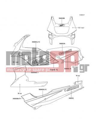 KAWASAKI - NINJA® 500R 2002 - Body Parts - Decals(Silver)(EX500-D9)(CN) - 56065-1592 - PATTERN,SIDE COVER,LWR,RH