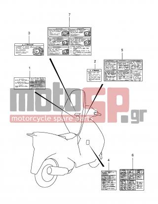 SUZUKI - AN150 Y (E34) 2000 - Body Parts - LABEL (MODEL T/V) - 68611-20EA1-000 - LABEL, LUGGAGE BOX